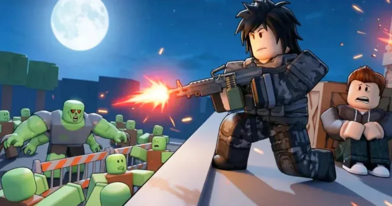 Nightfalls: a player fires at a crowd of zombies under a full moon.