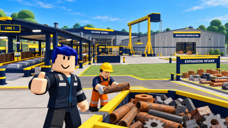 A player gives a thumbs up next to a worker holding a rusty pipe over a bin of scrap.