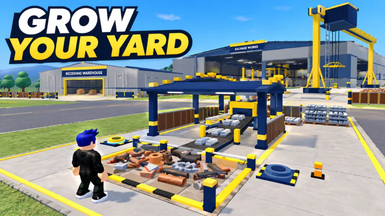 Grow Your Yard: a player stands by a processing line, with warehouses and a big crane behind.