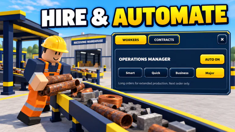 Hire and Automate: a worker loads scrap onto a conveyor next to the workers menu.