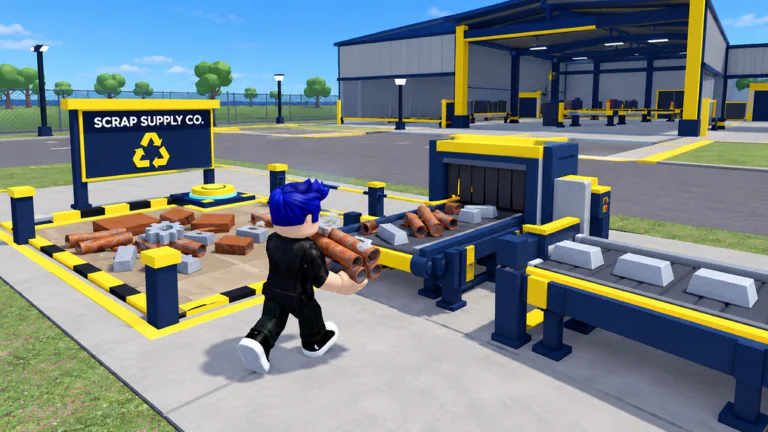 A player carries rusty pipes from the Scrap Supply Co. pile to a conveyor machine.