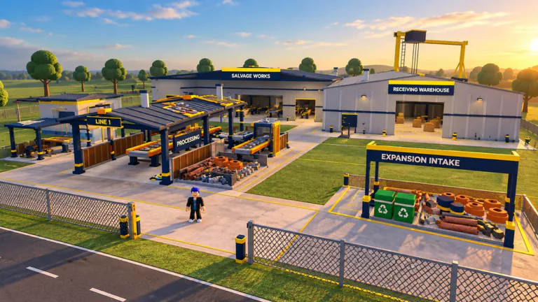 A Recycling Tycoon yard at sunset, with Line 1, Salvage Works, the Receiving Warehouse and the Expansion Intake.