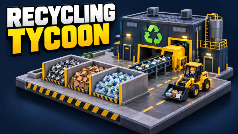 Recycling Tycoon title art: a recycling plant with bins of cans, cardboard and bottles, and a yellow loader.